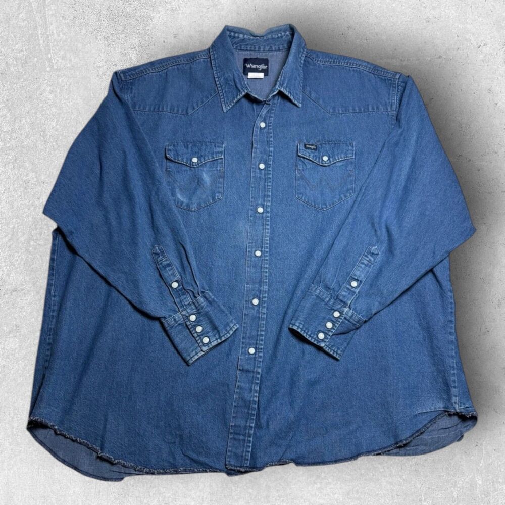 Vintage Wrangler Mens Denim Pearl Snap Shirt 20x36 Western Cowboy Rodeo Ranch